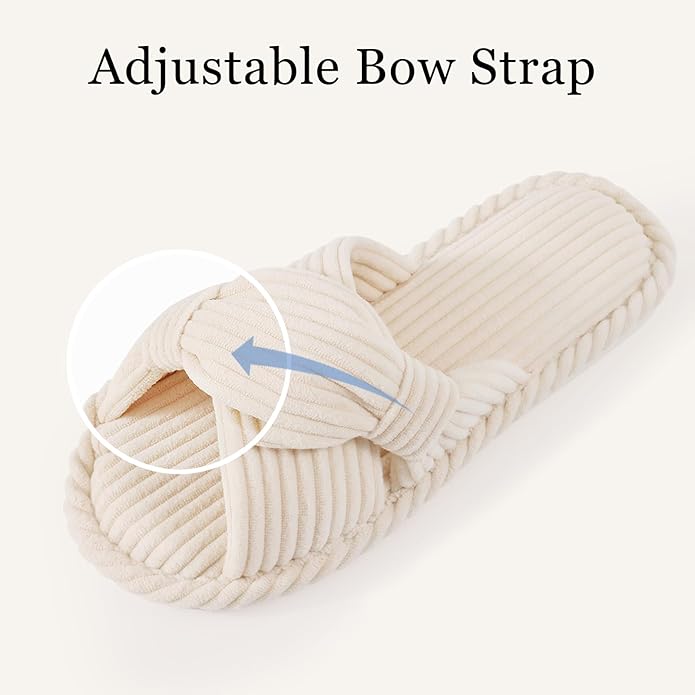 Evshine Summer House Slippers for Women Corduroy Cross Bow Indoor Slippers Open Toe Slip On Bedroom Shoes with Memory Foam gallery image