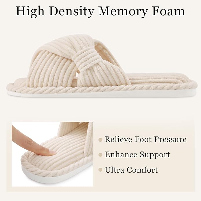 Evshine Summer House Slippers for Women Corduroy Cross Bow Indoor Slippers Open Toe Slip On Bedroom Shoes with Memory Foam gallery image
