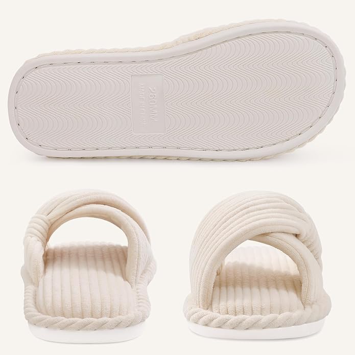 Evshine Summer House Slippers for Women Corduroy Cross Bow Indoor Slippers Open Toe Slip On Bedroom Shoes with Memory Foam gallery image