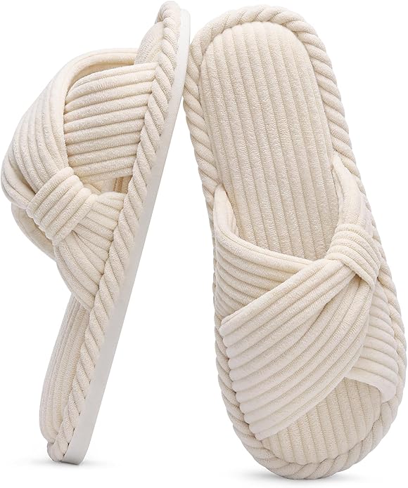 Evshine Summer House Slippers for Women Corduroy Cross Bow Indoor Slippers Open Toe Slip On Bedroom Shoes with Memory Foam main image