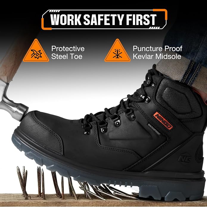 NINGO Mens Steel Toe Work Boots, Waterproof Heavy-Duty Safety Boots with Puncture Protection Oil & Slip Resistant, Steel Toe Work Shoes with Breathable Lining EH Protection for Construction Industrial gallery image