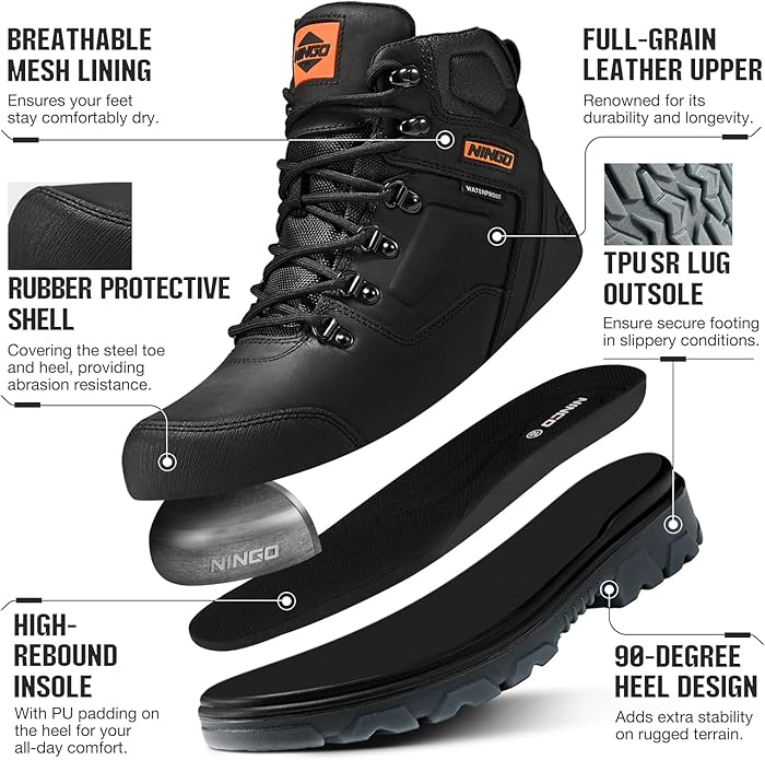 NINGO Mens Steel Toe Work Boots, Waterproof Heavy-Duty Safety Boots with Puncture Protection Oil & Slip Resistant, Steel Toe Work Shoes with Breathable Lining EH Protection for Construction Industrial gallery image